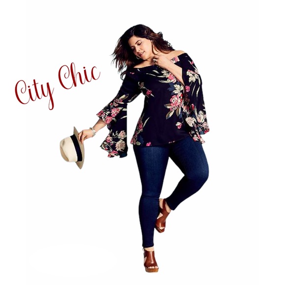 City Chic Tops - City Chic Off Shoulder Black Floral Pullover Top
